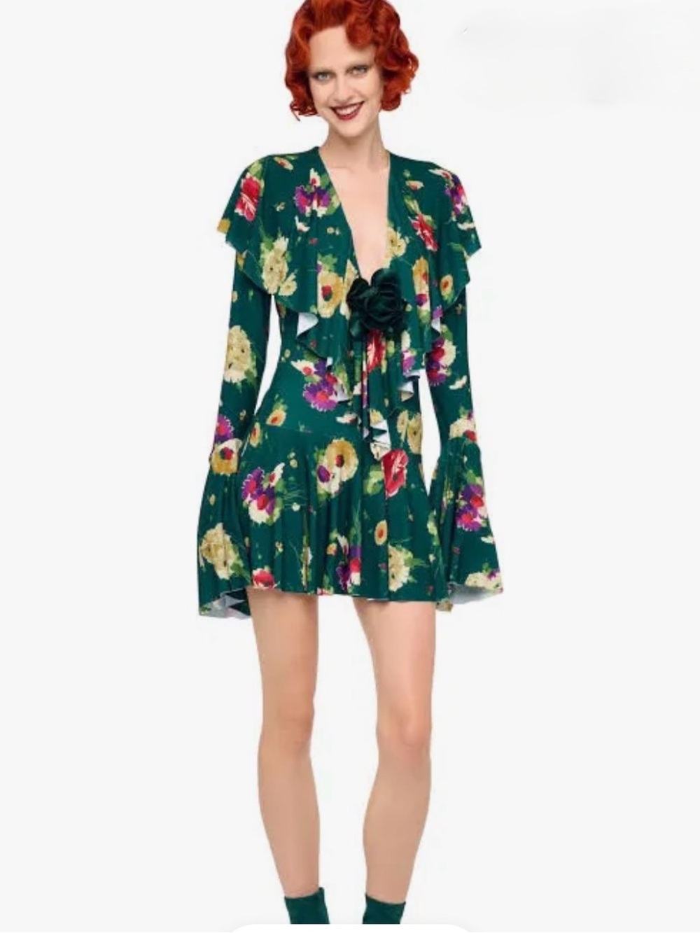 Norma Kamali Dark Green Floral Ruffle Wrap Tunic